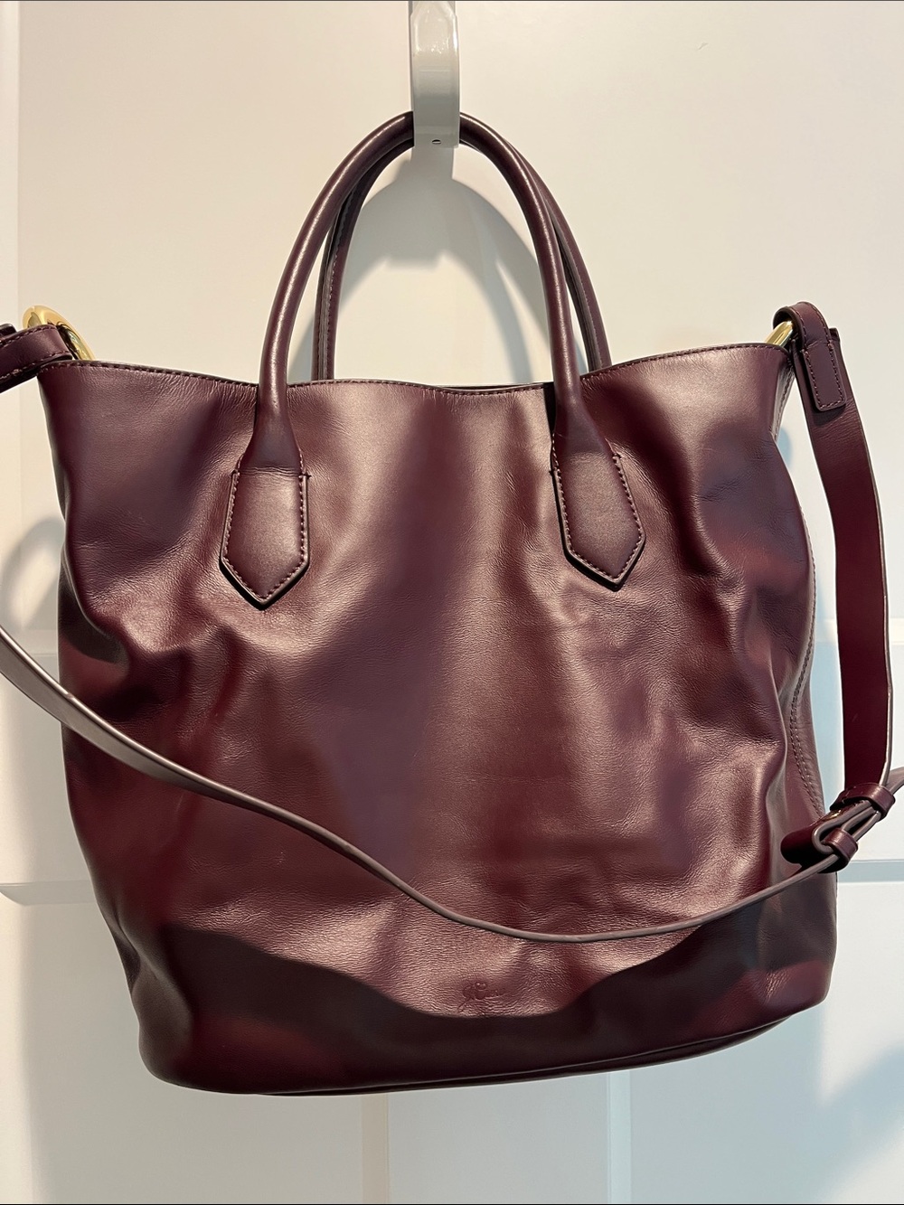 J. Crew Deep Burgundy Leather Tote with Top Handles and Shoulder Strap